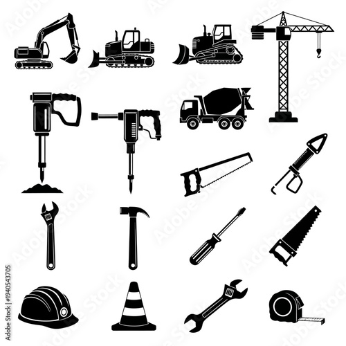 Construction Equipment and Tools Icons Set: Heavy Machinery, Hand Tools, Safety Gear