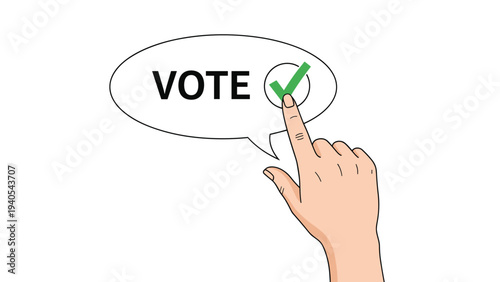 Human hand clicking on a vote button within a speech bubble featuring a green checkmark for election participation and choice.