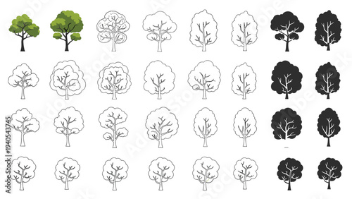 Collection of diverse tree icons in green flat style, black outline, and solid black silhouette for landscape and forest design.