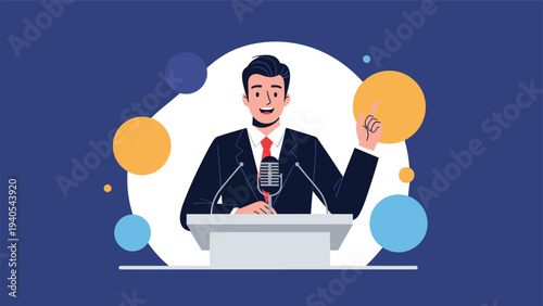 Male public speaker delivering an inspiring speech at a podium with microphones against a background of colorful abstract circles.