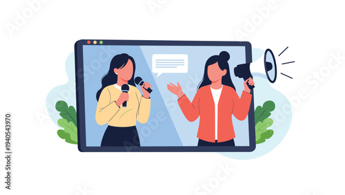 Online video call or news broadcast featuring two women discussing a trending topic with a microphone and a megaphone.