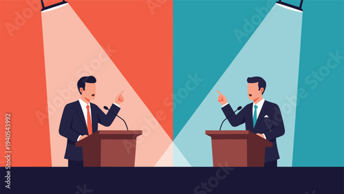 Two politicians or public figures engaged in a heated debate at podiums under spotlights during a national election campaign.