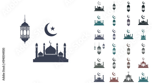 Ramadan Kareem Islamic symbols and mosque silhouettes collection.