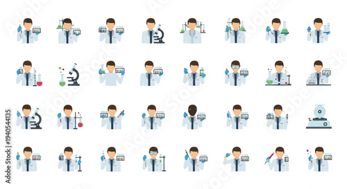 Collection of cartoon scientists performing various experiments and research activities.