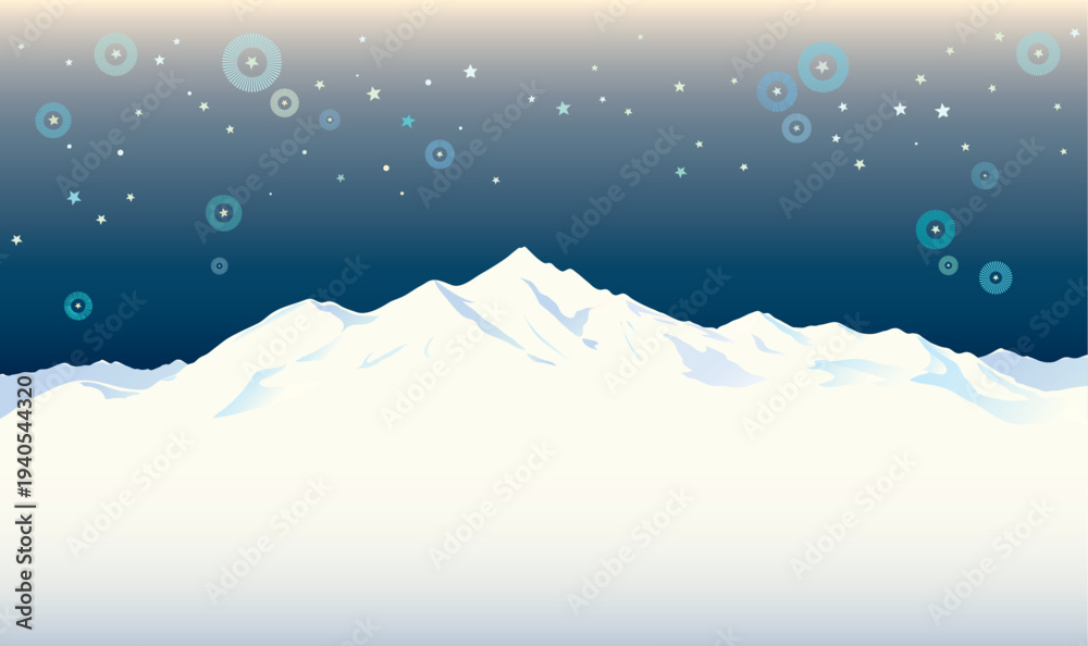 Obraz premium Mountain winter landscape with white peaks of mountains and the stars in the night sky - vector illustration.