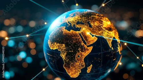 Illuminated Earth Globe with Network Connections Against Dark Background