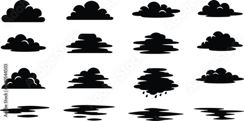 Set of sixteen black cloud silhouette icons showing diverse weather conditions including cumulus, stratus, rain clouds, reflections, perfect for meteorology, education, and graphic design