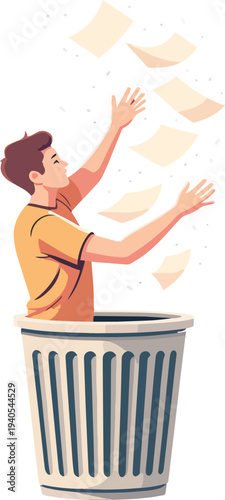 uomo o donna che buttano carta o oggetti nel cestino e il vento porta via tutto vettoriale