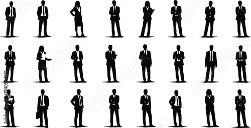 Silhouette business professionals in formal attire standing confidently with briefcases and gestures, diverse corporate team poses for office, leadership, teamwork, and organizational design concepts