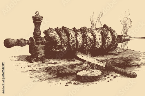 Erzurum Cag Kebabi illustration in a vintage style. This vector illustration can be used in any size you like for advertising, logos, and other work.