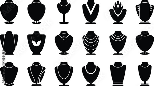 Set of sixteen black silhouette necklace display stand icons featuring diverse jewelry styles including chains, 
