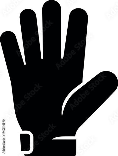 Black silhouette of a gloved hand with fingers spread open against a white background