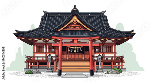 Traditional Japanese Shrine with Red Torii Gate and Lush Greenery