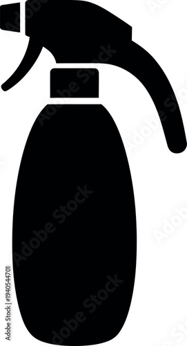 Black silhouette of a spray bottle with a trigger mechanism and curved handle on a white background