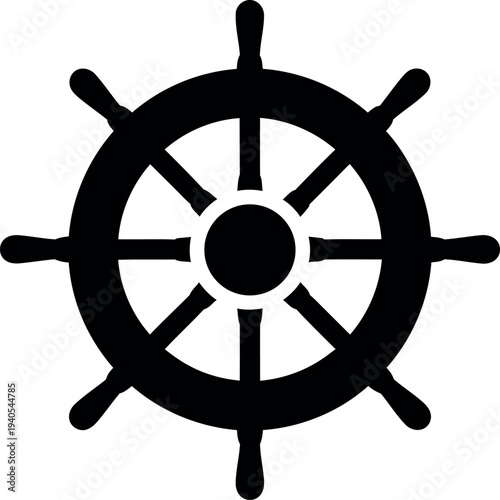 Black silhouette of a ship's steering wheel with eight spokes and a central hub on a white background