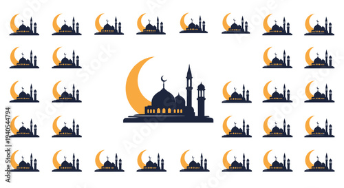 Islamic mosque and crescent moon pattern background.
