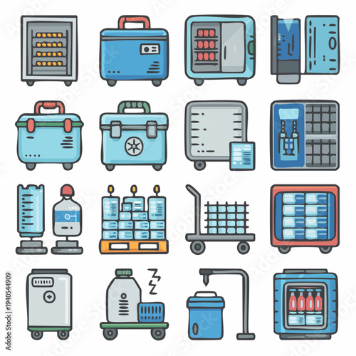 Collection of Refrigeration and Cold Storage Icons for Various Industrial and Commercial Applications
