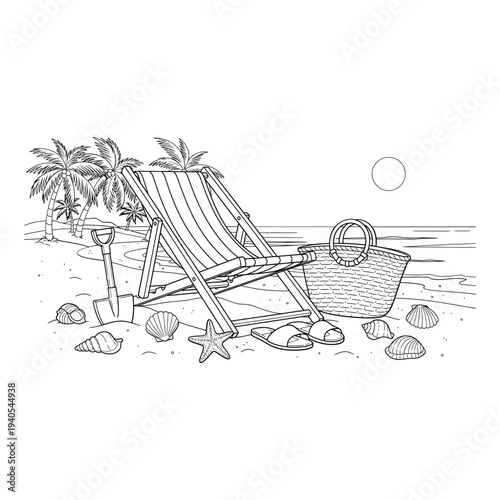 Beach scene with a deck chair, palm tree, seashells, and a wicker basket on the sand by the ocean