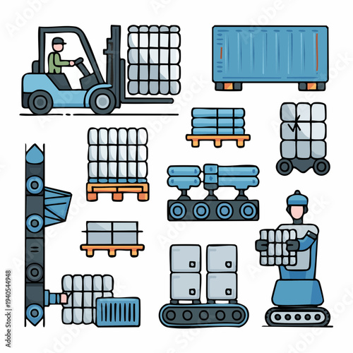 Efficient Automated Warehouse Logistics A Comprehensive System with Robots, Forklifts, and Conveyor Belts for Modern Supply Chain Management and Goods Distribution