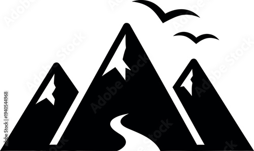 Black silhouette of three jagged mountain peaks with a winding path leading through them and two birds flying above