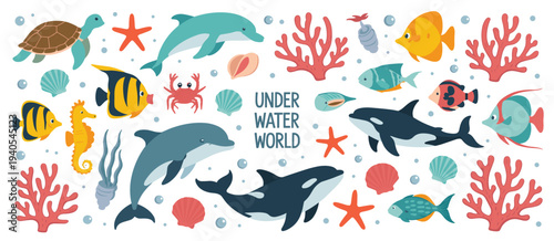 Cartoon underwater with sea creatures and coral sea turtle