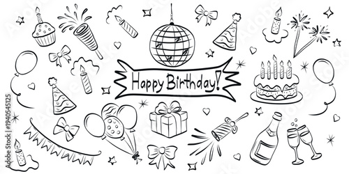 Hand drawn birthday doodle elements set with cake, balloons, gift box, candles, party hat, disco ball, fireworks, champagne bottle, glasses, ribbons, stars and confetti.