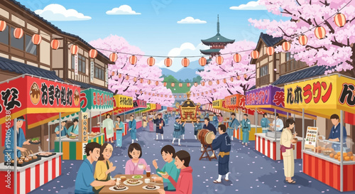Japanese Festival Street Scene with Cherry Blossoms and Food Stalls