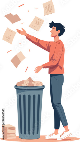 uomo o donna che buttano carta o oggetti nel cestino e il vento porta via tutto vettoriale