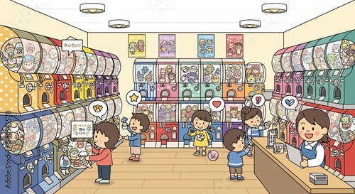 Japanese Gashapon Capsule Toy Store with Happy Children Illustration