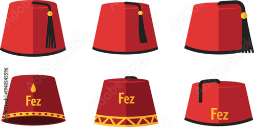 Traditional Red Fez Hat Collection with Tassel Flat Vector Illustration Set Isolated on White Background