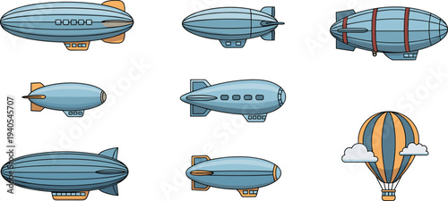Vintage Dirigible Blimp and Hot Air Balloon Set Featuring Retro Airship Zeppelins for Steampunk Aviation and Flight History Vector.