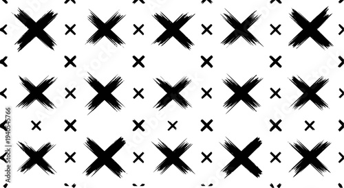 Black brush stroke x marks and small crosses seamless pattern white background