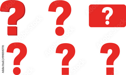 Red Question Mark Icon Set Featuring Various Styles and Shapes for Help Desk, FAQ Support, Information Point and Inquiry Design.