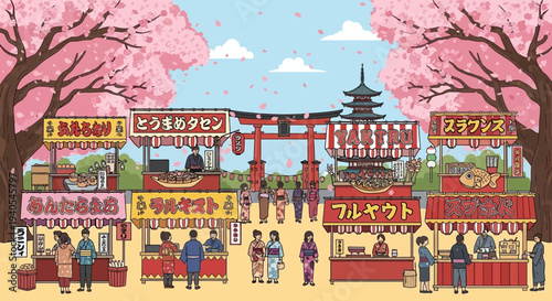 Pixel Art Japanese Festival with Cherry Blossoms and Food Stalls