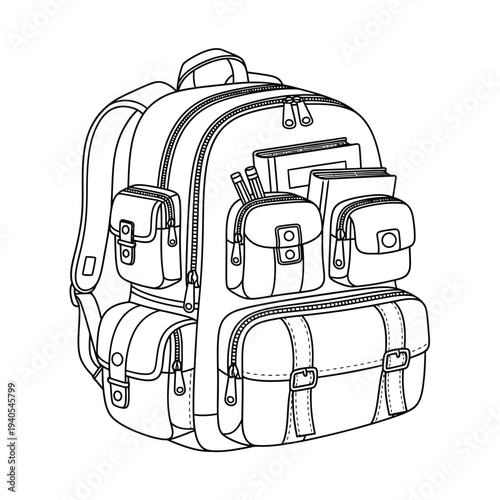 Detailed illustration of a backpack with multiple pockets and zippers