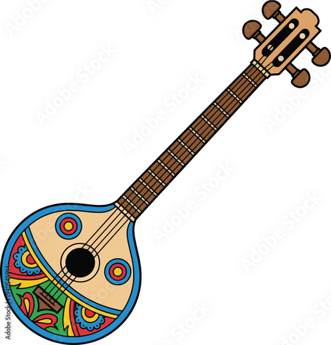 Vibrant tanpura with colorful decorative patterns on body