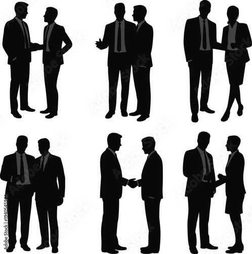 Silhouettes of business people in various handshake and conversation poses suits 1