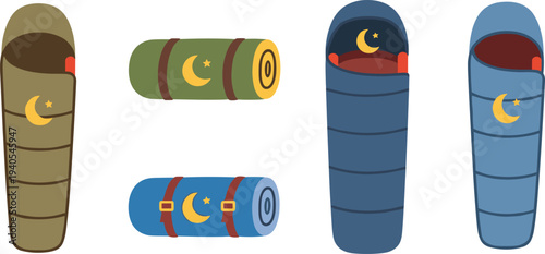 Set of Camping Sleeping Bags and Rolled Mats Featuring Crescent Moon and Star Emblems for Outdoor Adventure and Hiking Gear Design.