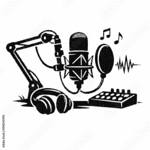 Professional Podcast Studio Equipment Icon with Microphone Headphones and Soundboard