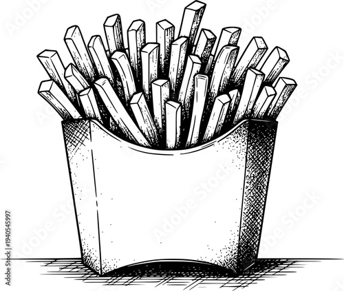 Hand drawn black and white of a full box of french fries with detailed shading food