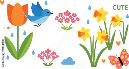 Cute spring garden elements set with flat vector blue bird, butterfly, orange tulip, yellow daffodils, pink flowers, raindrops and clouds.