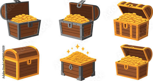 Set of Wooden Treasure Chests Overflowing with Golden Coins for Pirate Adventure, Medieval Wealth, Gaming Icons and Fantasy Design.