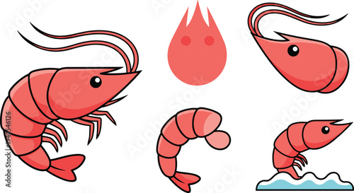 Shrimp and Prawn Seafood Collection Cartoon Style Fresh Shrimp Characters Flat Vector Illustration Set