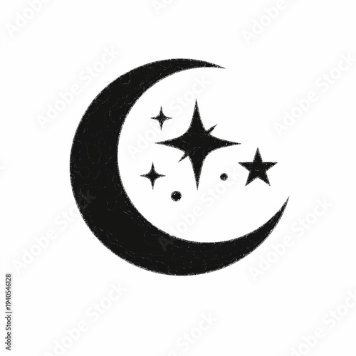 Minimalist Black Crescent Moon and Sparkling Stars Celestial Icon Illustration
