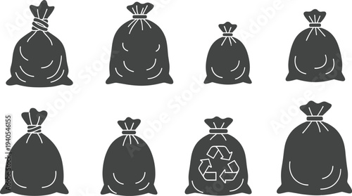 Garbage Bags and Trash Sack Silhouette Collection Waste Disposal Icons Flat Vector Illustration Set