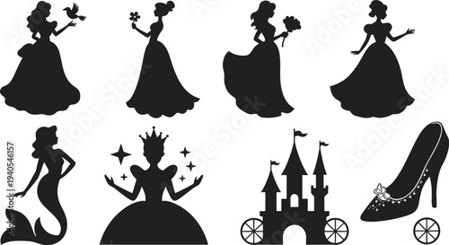 Silhouettes of princesses, mermaid, castle, and heel shoe in black and white