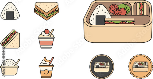 Japanese Bento Lunch Box and Onigiri Rice Ball Food Collection Flat Vector Illustration Set
