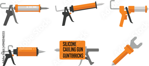 Professional Silicone Caulking Gun Set and Sealant Tool Icons for Construction, Home Repair, Waterproofing and DIY Hardware Design.