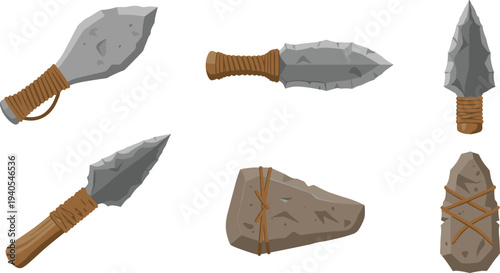 Primitive Stone Tools and Prehistoric Spearheads Collection Flat Vector Illustration Set Isolated on White Background