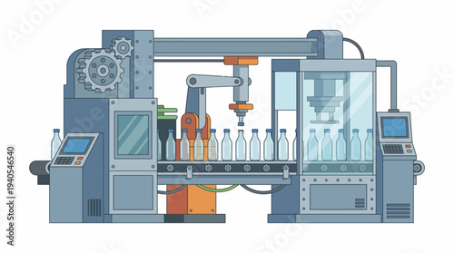 Automated robotic arm filling plastic bottles on a conveyor belt in a modern factory setting.